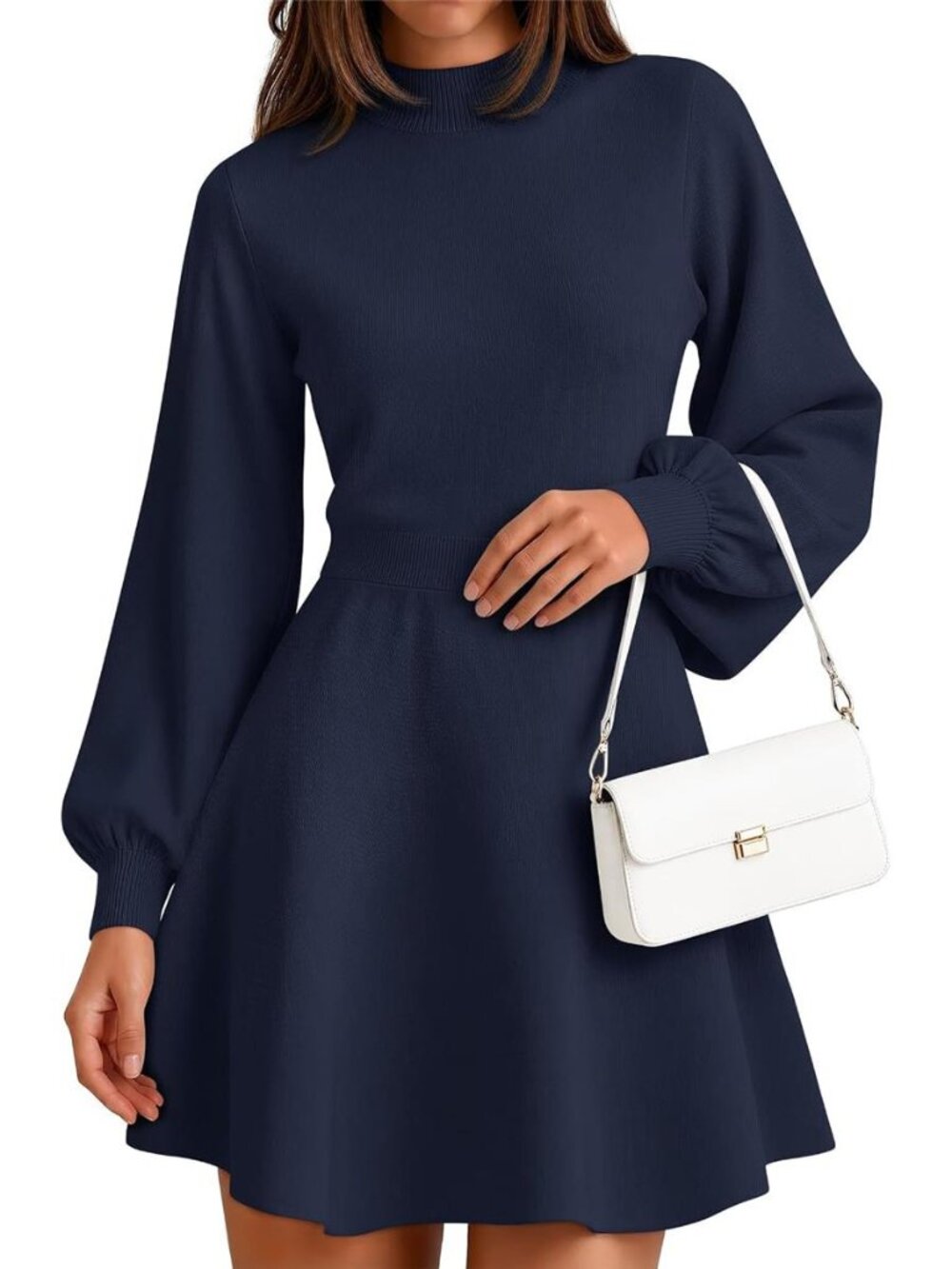 ZESICA Womens Fall Mock Neck Long Lantern Sleeve Sweater Mini Dress